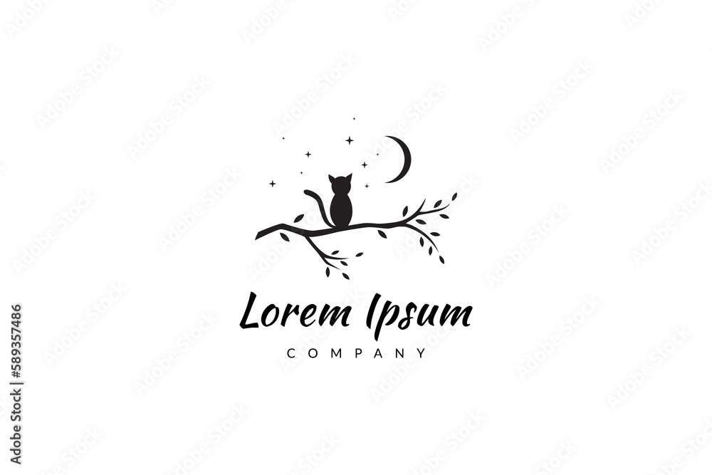 vector logo illustration of a cat sitting on a tree branch at night under the moon and stars vector logo illustration of a cat sitting on a tree branch at night under the moon and stars