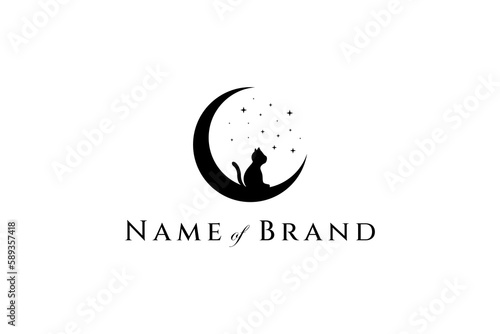 cat silhouette logo over crescent moon with stars decoration in simple flat style design