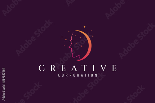 beautiful woman face logo with crescent moon decorated with stars in line art design style
