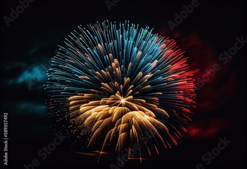 red  blue  yellow fireworks  black background  in the town of blanes. Generative AI