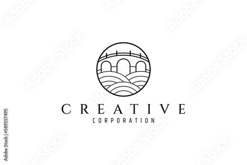 bridge and river logo in line design style inside circle emblem frame