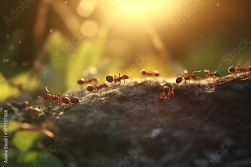 Fotografering a colony of ants walking on mossy logs in search of food