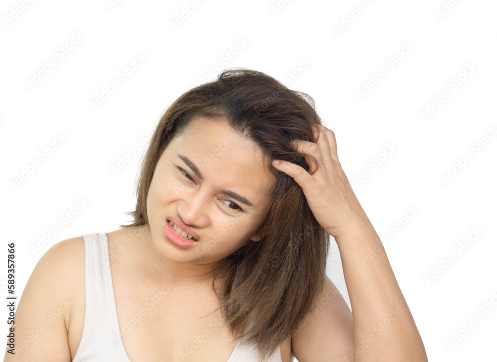 Closeup woman hand itchy scalp, for health care shampoo and beauty product concept Hair care concept Closeup woman hand itchy scalp, for health care shampoo and beauty product concept Hair care concept