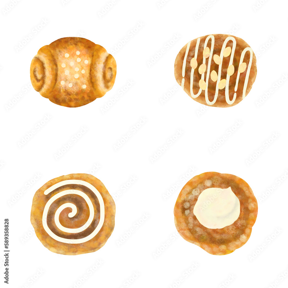 美味しそうなシナモンロールの手描きイラストセット 美味しそうなシナモンロールの手描きイラストセット