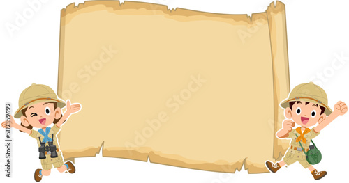 宝の地図のフレームとジャンプする子どもたち
