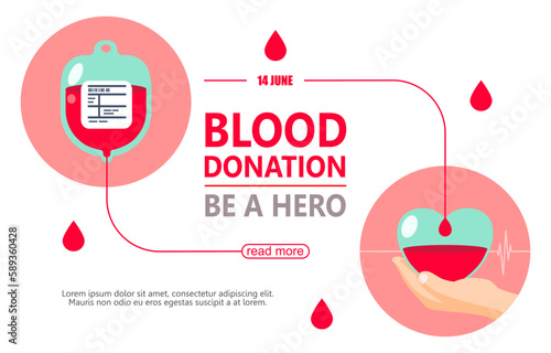 blood bag donated with heart, blood donor for poster, banner, card, and background. Vector illustration flat design for blood donation day.	