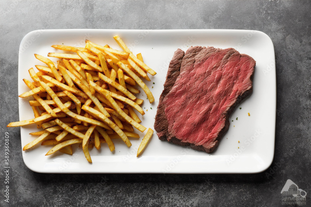 Plate of steak and french fries on the table, top view. Generative AI Plate of steak and french fries on the table, top view. Generative AI