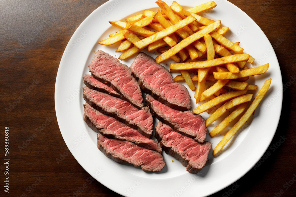 Plate of steak and french fries on the table, top view. Generative AI Plate of steak and french fries on the table, top view. Generative AI