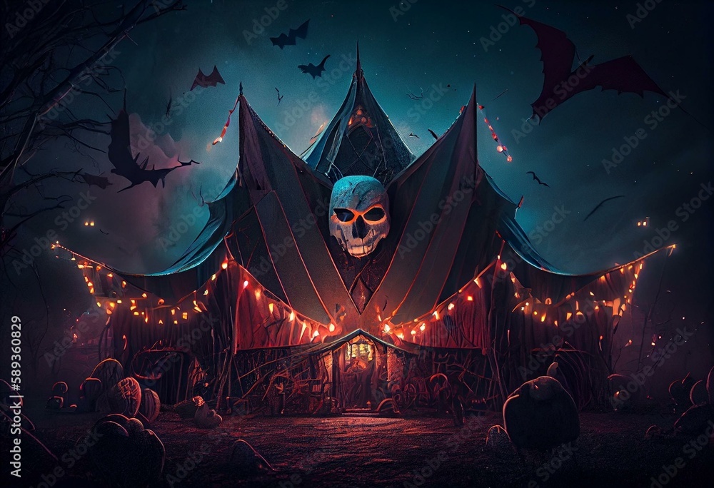 halloween haunted circus at night's end digital illustration. Generative AI - obrazy, fototapety, plakaty 