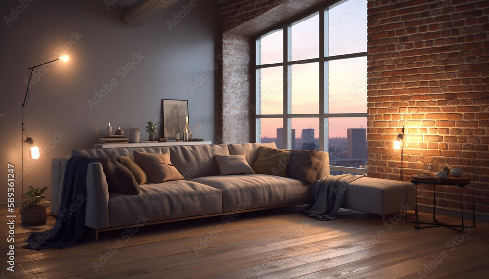 Industrial Style Loft Livingroom With Brick Wall, Comfortable Couch, and View Of The City, Generative AI Industrial Style Loft Livingroom With Brick Wall, Comfortable Couch, and View Of The City, Generative AI