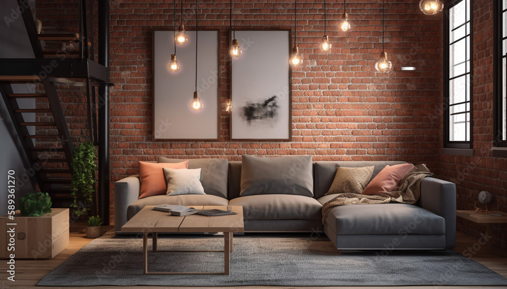 Industrial Style Loft Livingroom With Brick Wall, Comfortable Couch, and Edison Lighting, Generative AI