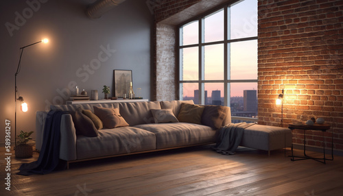 Industrial Style Loft Livingroom With Brick Wall, Comfortable Couch, and View Of The City, Generative AI