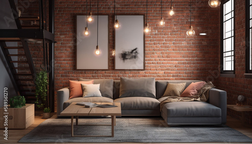 Industrial Style Loft Livingroom With Brick Wall, Comfortable Couch, and Edison Lighting, Generative AI photo