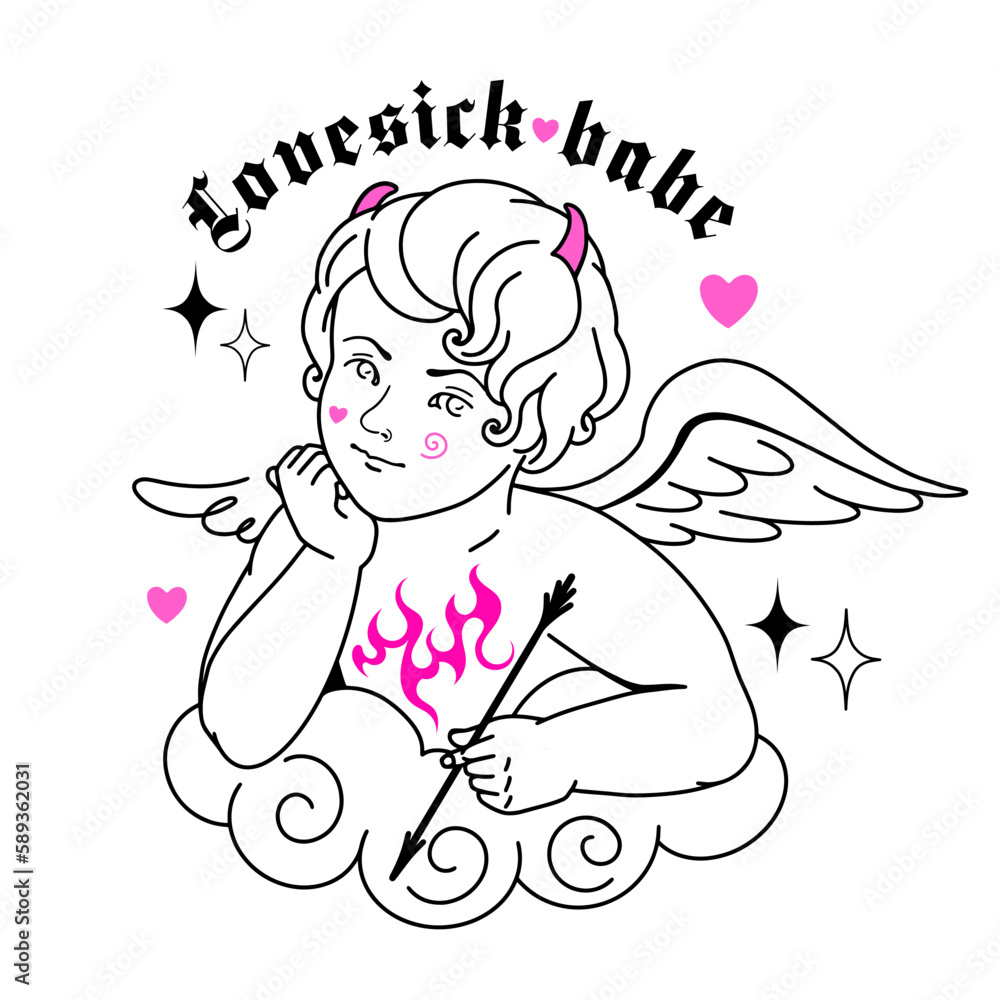 Y2K cupid angel with pink hearts. Goth print, lovesick baby devil angel. Weird character, emo gothic vintage love, 90s, 00s aesthetic.14 February or st Valentine's day concept Y2K cupid angel with pink hearts. Goth print, lovesick baby devil angel. Weird character, emo gothic vintage love, 90s, 00s aesthetic.14 February or st Valentine's day concept