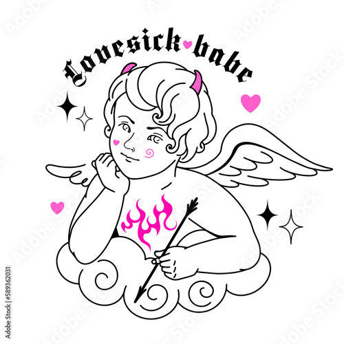 Y2K cupid angel with pink hearts. Goth print, lovesick baby devil angel. Weird character, emo gothic vintage love, 90s, 00s aesthetic.14 February or st Valentine's day concept