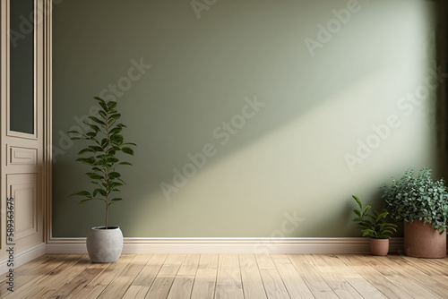 Room with green and beige walls with wooden floors and plants. Generative Ai.