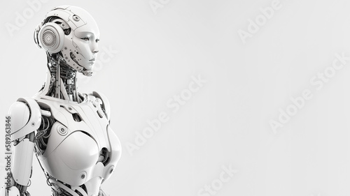 humanoid robot with futuristic technology in white color. Concept of artificial intelligence, technological future and science fiction. Post-processed generative AI
