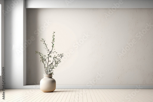 Empty room interior background with a white concrete wall. Generative AI.
