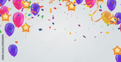 Celebration background with balloons and confetti. Vector illustration.