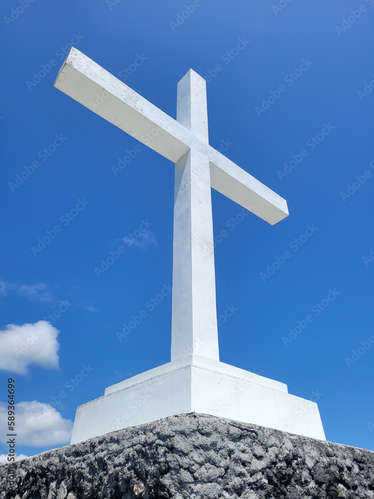 Large white cross at the top of Holy Mountain on Siquijor Island, Philippines