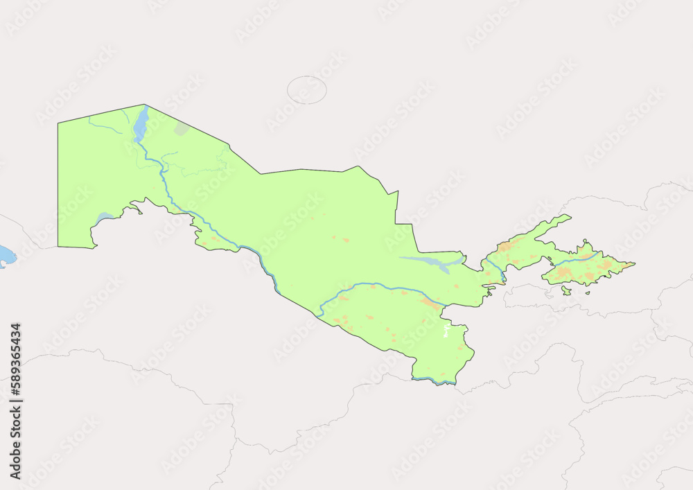 High detailed vector Uzbekistan physical map, topographic map of Uzbekistan on white with rivers, lakes and neighbouring countries. 
