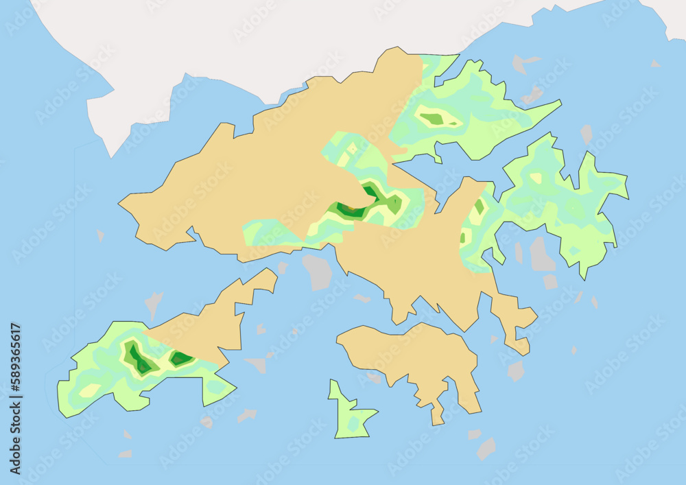 High detailed vector Hong Kong physical map, topographic map of Hong Kong on white with rivers, lakes and neighbouring countries. 