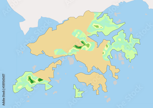 High detailed vector Hong Kong physical map, topographic map of Hong Kong on white with rivers, lakes and neighbouring countries. 