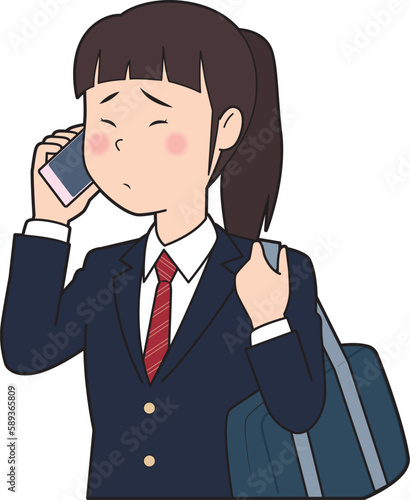 電話で赤面する女子高生