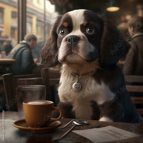 sitting dog drinking coffee photo