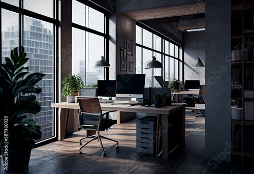 Modern concrete coworking office interior with window and city view  daylight  furniture and equipment. 3D Rendering. Generative AI