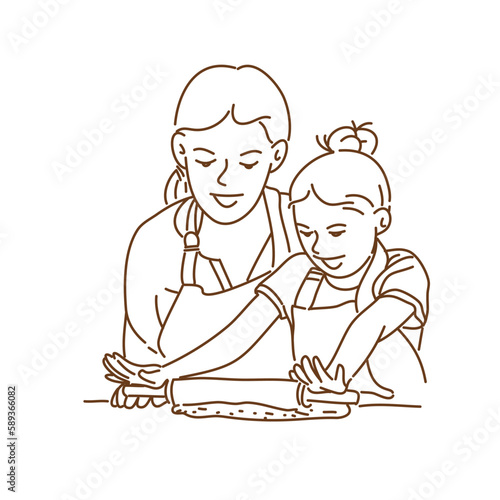 doodle style hand drawn, mature woman in apron is reading a book with recipes while cooking in kitchen. Hand drawn style vector design illustrations.
