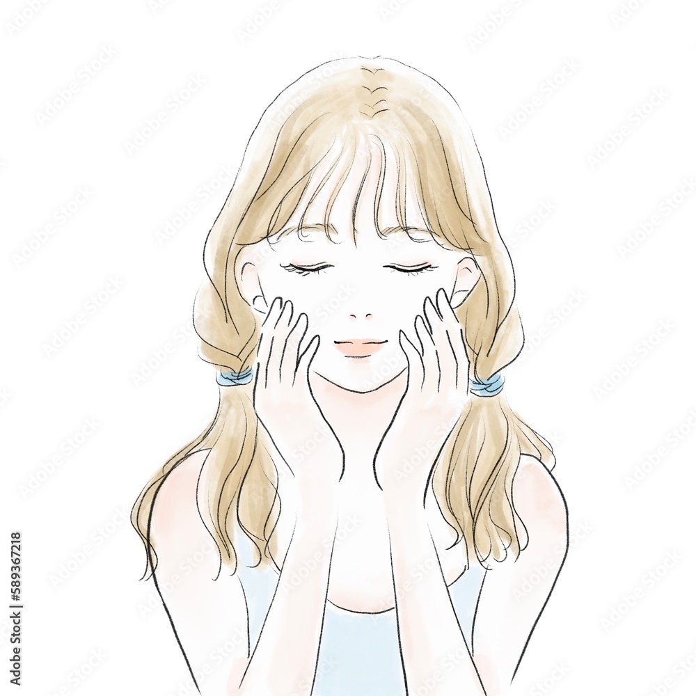 頬に手を当てている 保湿中 女性 頬に手を当てている 保湿中 女性
