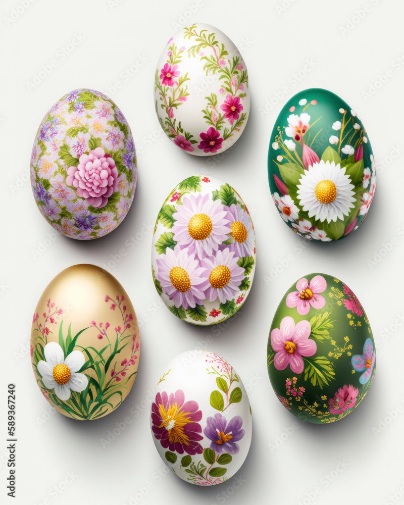 Top view of Ester egg painted in beautiful flowers on white table background Top view of Ester egg painted in beautiful flowers on white table background
