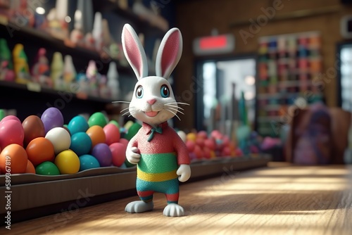 Cartoon easter bunny and colored eggs in the store made with generative AI