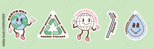 Save the planet stickers in trendy retro cartoon style. Sticker pack for Earth Day. World Environment Day. Funny vector illustration of planet Earth, globe with smiley face. Eco green labels or badges