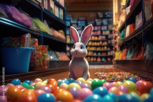 Cartoon easter bunny and colored eggs in the store made with generative AI