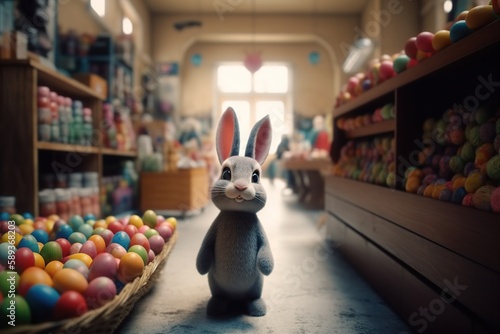 Cartoon easter bunny and colored eggs in the store made with generative AI