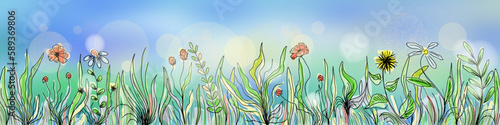 Hand drawn wild grass and flowers against the blue sky, bright spring meadow, vector illustration © Valerii