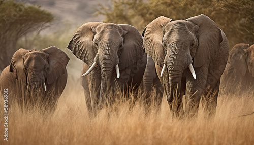 elephants in the savannah. Created using generative AI