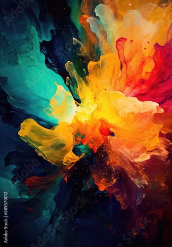 Clouds of colourful paint texture background illustration. Beautiful, vibrant, rainbow flow of colours. Generative AI. 