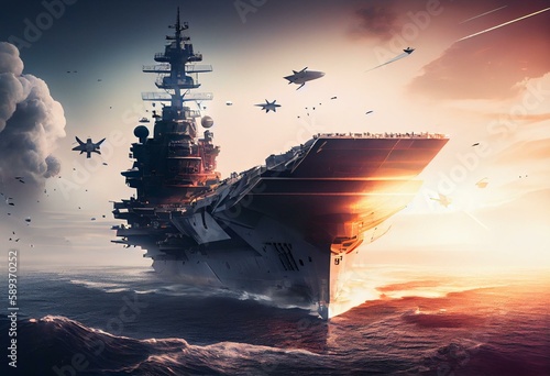 panoramic view of a generic military aircraft carrier ship with fighter jets take off during a special operation at airforce support, wide poster design with copy space area. Generative AI photo