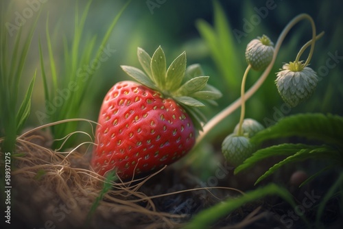 Closeup of a strawberry in the grass in the garden. Generative AI