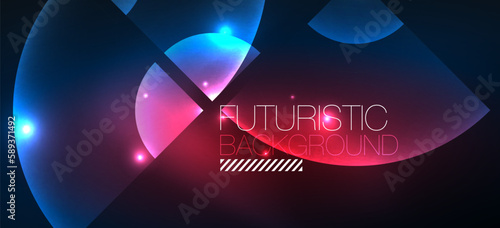 Abstract background with neon glowing light effects. Round shapes, triangles and circles. Wallpaper for concept of AI technology, blockchain, communication, 5G, science, business and technology