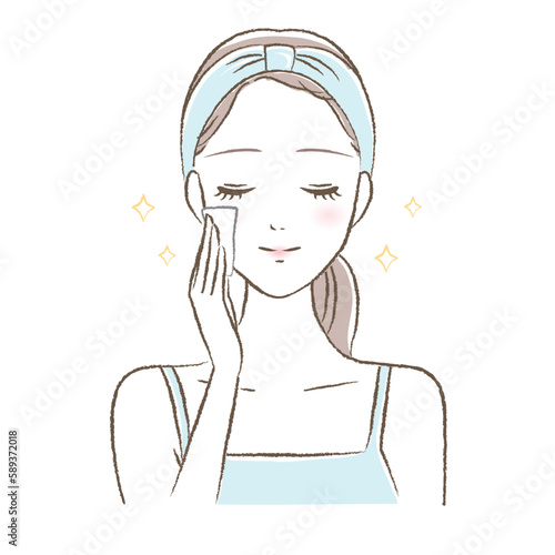 コットンで化粧水をつける女性のイラスト
