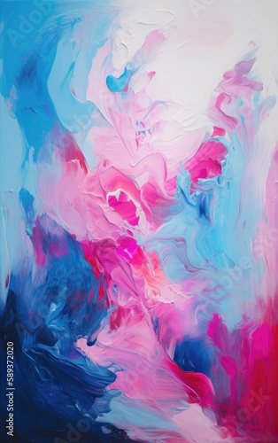 Pastel blue, magenta and cyan abstract paint splash on canvas. Generative AI. Vibrant flow of flat paint, scanned and layered. © dreamalittledream