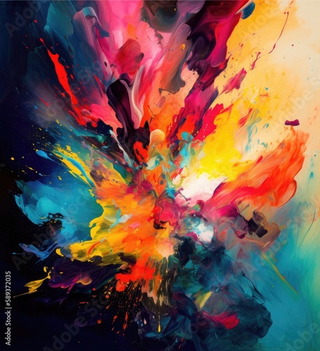 Rainbow explosion of Abstract paint splash on canvas. Generative AI. Vibrant flow of paint