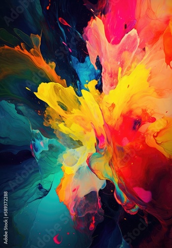 Cloudy Abstract rainbow paint splash on a black background. Generative AI. Vibrant flow of paint for graphic design resources.