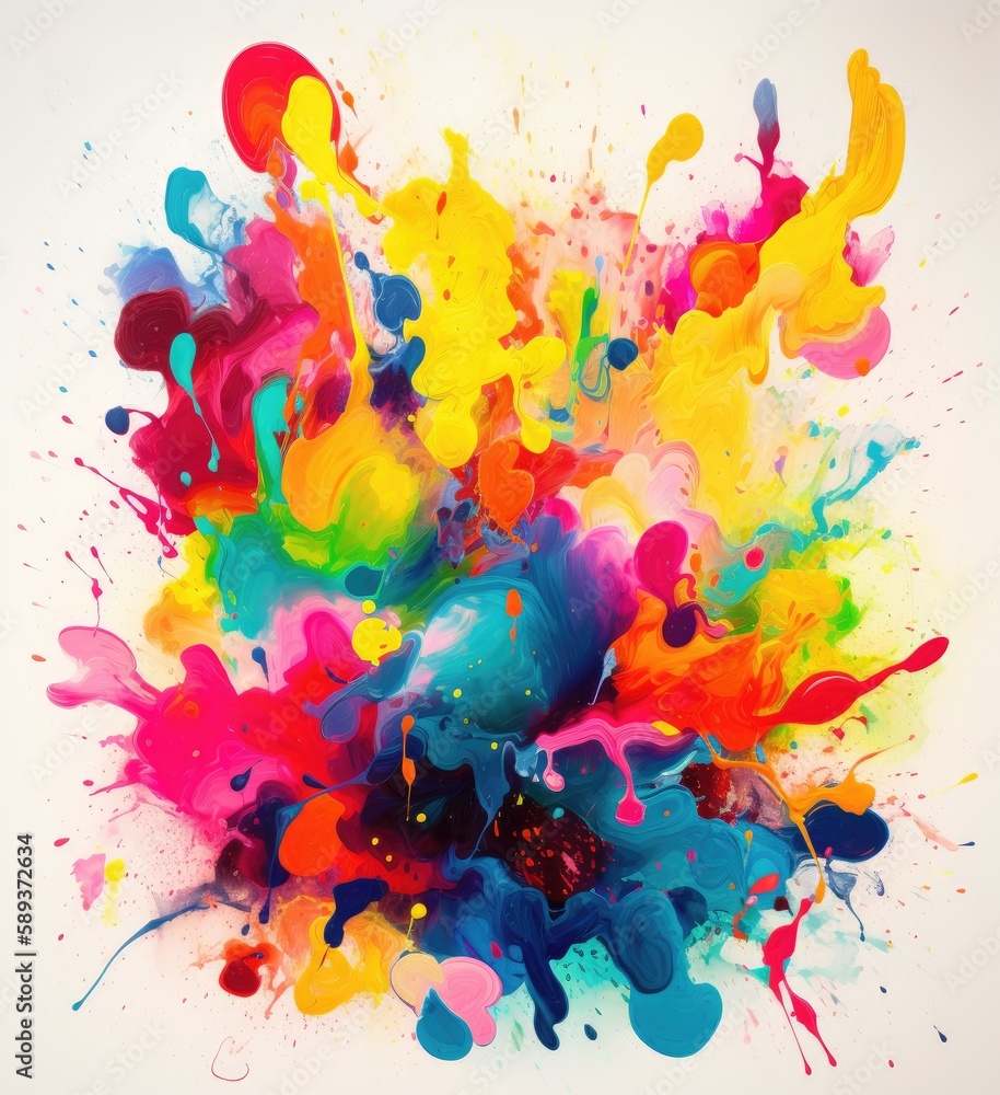 Flat Abstract paint splash on canvas. Generative AI. Extremely unique and vibrant flow of paint colour on a white backrgound Flat Abstract paint splash on canvas. Generative AI. Extremely unique and vibrant flow of paint colour on a white backrgound