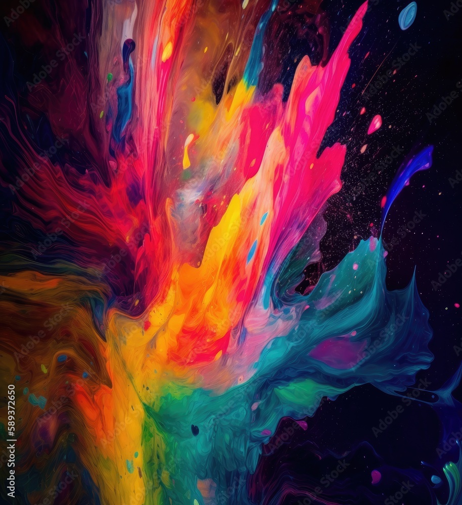 Flat Abstract paint splash on canvas. Generative AI. Extremely unique and vibrant flow of paint colour. Flat Abstract paint splash on canvas. Generative AI. Extremely unique and vibrant flow of paint colour.