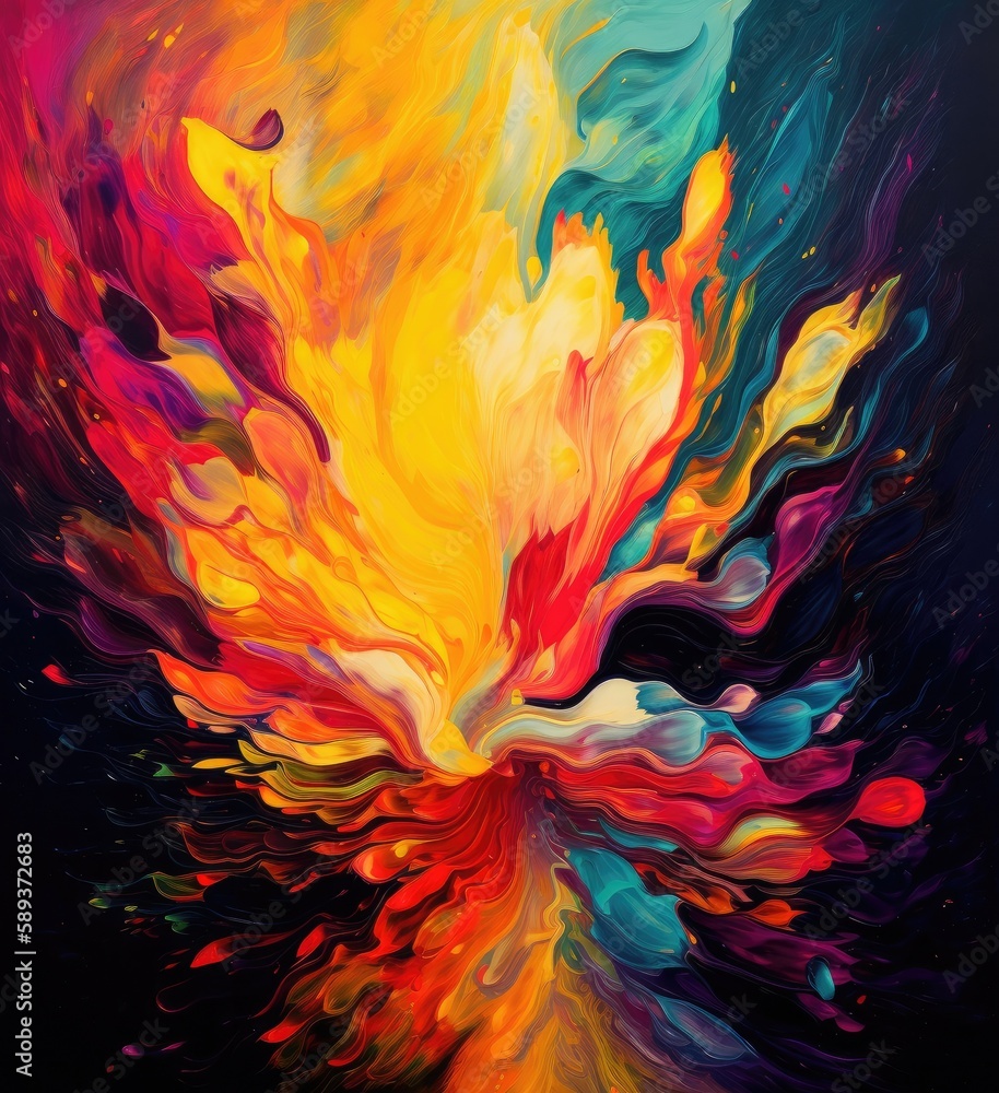 Flat Abstract paint splash on canvas. Generative AI. Extremely unique and vibrant flow of paint colour. Flat Abstract paint splash on canvas. Generative AI. Extremely unique and vibrant flow of paint colour.